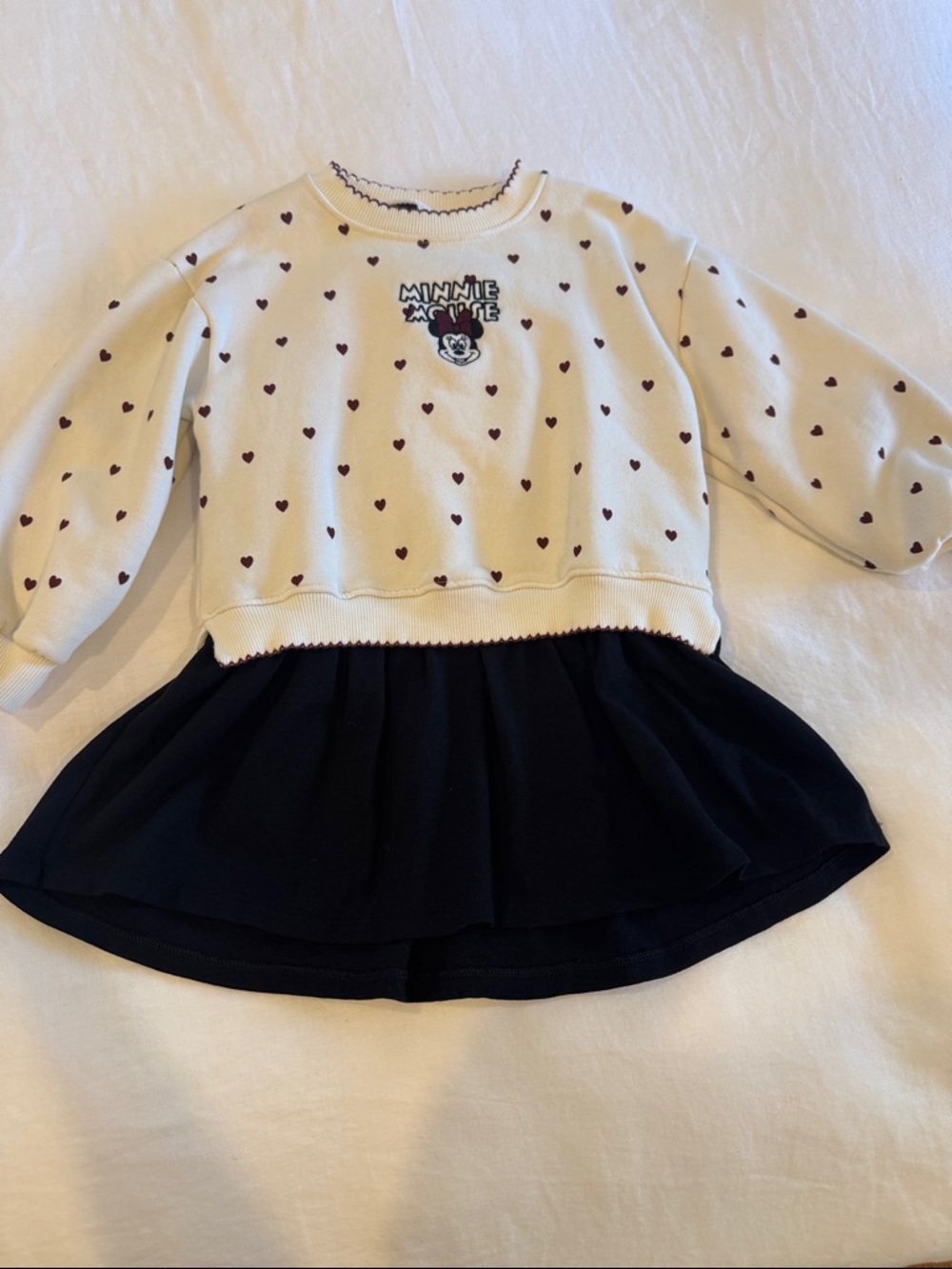 Zara Cream Minnie Heart Sweatshirt Dress with Black Skirt